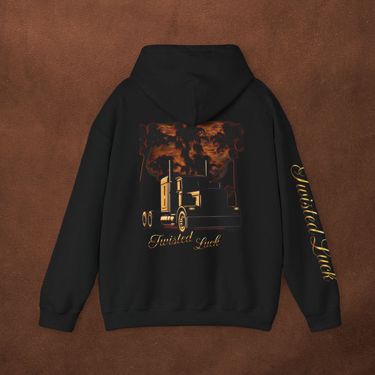 'Twisted Luck' Sunset Semi-truck silhouette