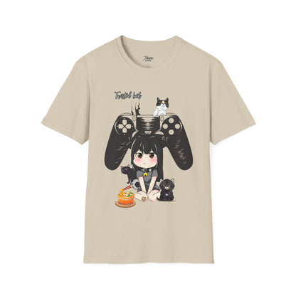 Adorable Gamer Tee: Cat & Console Design